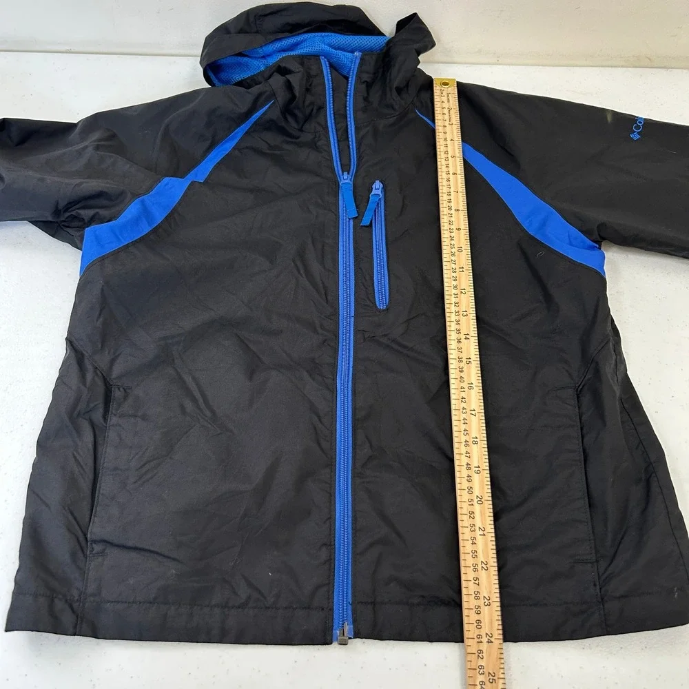 Columbia Boys Full Zip Hooded Windbreaker Jacket Black Blue Size L 14/16